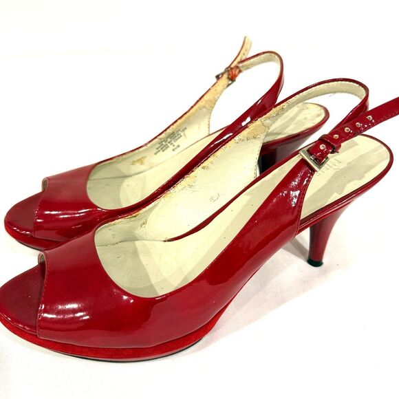 Nine West Red Hot Patent Slingback Platform Block Heels Size 8.5 - Picture 1 of 12